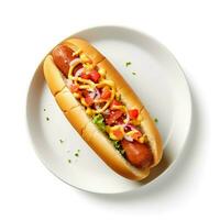 Photo of hot dog on plate isolated on white background. Created by Generative AI