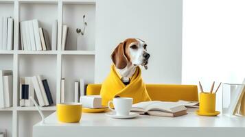 a beagle dog in a yellow clothes sits studying accompanied by a cup and piles of books. Generative AI photo