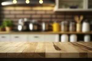 de madera parte superior mesa para monitor escaparate en difuminar cocina antecedentes hecho con generativo ai foto