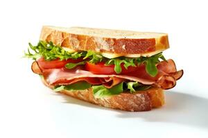 Sandwich with ham, cheese, tomato and lettuce on white background photo