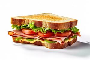 Sandwich with ham, cheese, tomato and lettuce on white background photo