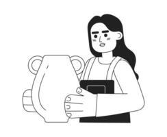 Indian woman holding handmade amphora monochromatic flat vector character. Pottery hobby. Editable thin line half body girl in workshop on white. Simple bw cartoon spot image for web graphic design