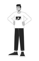 Focused young man flat line black white vector character. Editable outline full body person keeps hands on waist. Simple cartoon isolated spot illustration for web graphic design