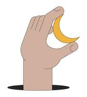 Hand holding crescent moon flat line color isolated conceptual clipart. Esoteric magic astrology. Editable vector object on white background. Simple outline cartoon spot illustration for web design