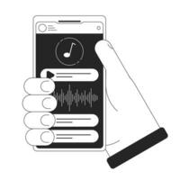 Music app on smartphone bw concept vector spot illustration. Listening to music. Holding gadget 2D cartoon flat line monochromatic hand for web UI design.editable isolated outline hero image