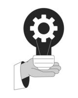 Invention flat monochrome isolated vector object. Hand holding light bulb with gear inside. Editable black and white line art drawing. Simple outline spot illustration for web graphic design