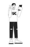 Cheerful asian man using gadget flat line black white vector character. Editable outline full body person. Taking picture on camera simple cartoon isolated spot illustration for web graphic design