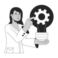 Female scientist mechanic bw concept vector spot illustration. Woman turning gear inside light bulb 2D cartoon flat line monochromatic character for web UI design. Editable isolated outline hero image