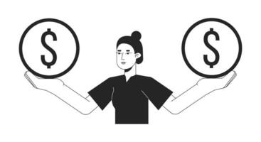 Cute asian woman holding coins on hands flat line black white vector character. Balance in finances. Editable outline full body person. Simple cartoon isolated spot illustration for web graphic design