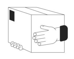 Hand holding paper box bw concept vector spot illustration. Purchase delivery 2D cartoon flat line monochromatic hand for web UI design.editable isolated outline hero image