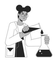 Scientist conducts experiment bw concept vector spot illustration. Pouring liquid into flask 2D cartoon flat line monochromatic character for web UI design. Editable isolated outline hero image