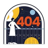 Female astronomy error 404 flash message. Scientist observe sky with celestial bodies. Empty state ui design. Page not found popup cartoon image. Vector flat illustration concept on white background