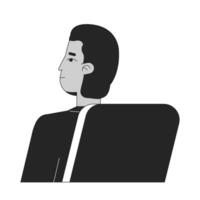 Engaged student indian man sitting in chair flat line black white vector character. Editable outline half body person. Male millennial intern simple cartoon isolated spot illustration for web design
