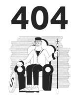 Bearded old businessman among coins black white error 404 flash message. Saving money. Monochrome empty state ui design. Page not found popup cartoon image. Vector flat outline illustration concept