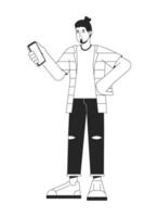 Caucasian man holding smartphone flat line black white vector character. Editable outline full body person. Millennial working on phone simple cartoon isolated spot illustration for web graphic design