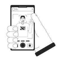 Holding smartphone with photo bw concept vector spot illustration. Taking picture. Selfie 2D cartoon flat line monochromatic hand for web UI design.editable isolated outline hero image