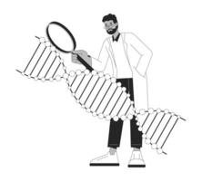 Scientist studying dna bw concept vector spot illustration. Young man with magnifying glass 2D cartoon flat line monochromatic character for web UI design. Editable isolated outline hero image