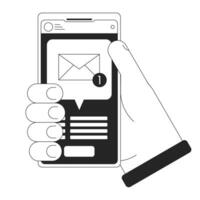 Holding smartphone with new message bw concept vector spot illustration. Email notification 2D cartoon flat line monochromatic hand for web UI design.editable isolated outline hero image