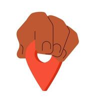 Fingers put gps pin semi flat colour vector object. Choose location. Editable cartoon clip art icon on white background. Simple spot illustration for web graphic design