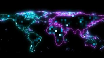 Hundred digital light global map blue tone and random faded on black screen video