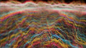 futurista resumen línea rojo amarillo agua elemento pelotas forma de onda oscilación, visualización ola tecnología digital superficie con partículas estrellas video