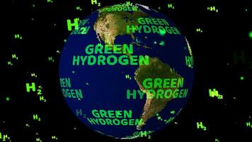 World map with green hydrogen digital green text small ball rotating with H2 particles flying video