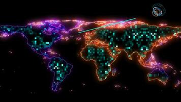 tausend Digital Grün winzig Licht global Karte mit Satellit auf das schwarz Bildschirm video