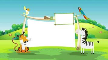 desenho animado fundo com animais selvagens animal tigre, pássaros e zebra video