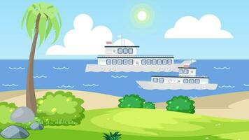tekenfilm achtergrond video met zee, schip en natuurlijk schoonheid