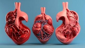 3d ilustración de el humano Organo sistemas, humano interno órganos anatomía. nervioso, circulatorio, digestivo, excretorio, urinario, y hueso sistemas médico educación concepto, generativo ai ilustración foto