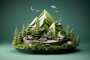 ecosistema restauracion, ambiente día concepto árbol antecedentes. reciclar icono papel cortar bandera con bosque. ecología proyecto concepto, generativo ai ilustración foto