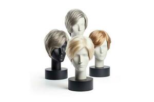 Hair wig over the plastic mannequin head isolated over the white background, mockup featuring contemporary men's hairstyles, Generative AI illustration photo