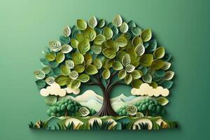 Ecosystem restoration, environment day concept tree background. Recycle icon paper cut banner with forest. Ecology project concept, illustration photo