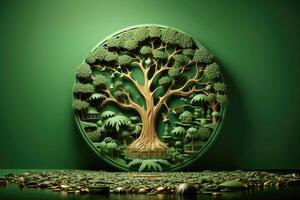 Ecosystem restoration, environment day concept tree background. Recycle icon paper cut banner with forest. Ecology project concept, illustration photo