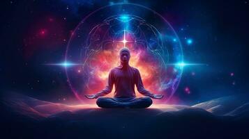Human meditate, yoga. Psychic human considers mind and heart. Spirituality, esotericism, universe, cartoon style,  Generative AI illustration photo
