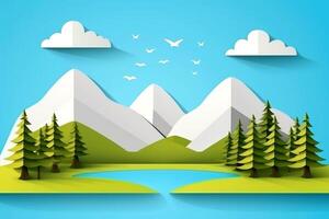Ecosystem restoration, environment day concept tree background. Recycle icon paper cut banner with forest. Ecology project concept, illustration photo