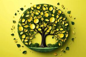 Ecosystem restoration, environment day concept tree background. Recycle icon paper cut banner with forest. Ecology project concept, illustration photo