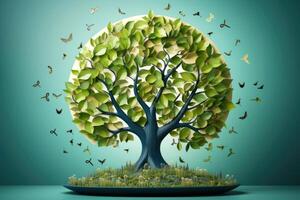 Ecosystem restoration, environment day concept tree background. Recycle icon paper cut banner with forest. Ecology project concept, illustration photo