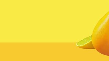 Orange Cirtus fruit appear on right sidde on yellow abstract background video, Orange fruits on yellow plain background, orange citrus fruit moving  background motion squares , orange background video