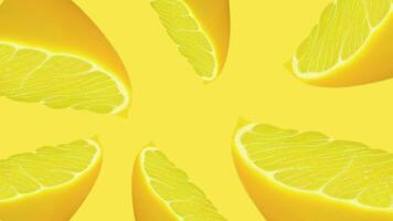 Orange citrus fruit slices Appear all sides of  yellow abstract background video, Orange slices moving on yellow plain background, Orange slices background, orange slices Abstract Motion Background video