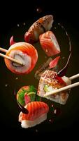 sushi rullar i sortiment på de luft. animering levitation sushi video sluta rörelse
