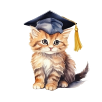 Cute watercolor cat in graduarion cap isolated png