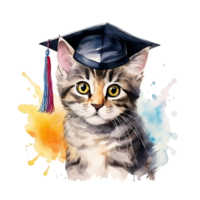 Cute watercolor cat in graduarion cap isolated png
