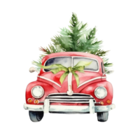 Cute christmas watercolor red retro car with christmas tree lies on it isolated png