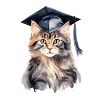 Cute watercolor cat in graduarion cap isolated png