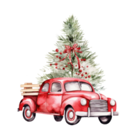 Cute christmas watercolor red retro car with christmas tree lies on it isolated png