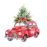 Cute christmas watercolor red retro car with christmas tree lies on it isolated png