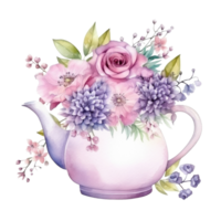 Watercolor teapot with flowers isolated png