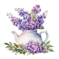 Watercolor teapot with flowers isolated png