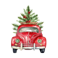 linda Navidad acuarela rojo retro coche con Navidad árbol mentiras en eso aislado png